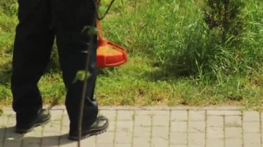 Erkek bahçe işçisi yazın sebze bahçesinde çimleri biçer, yakın plan. Ekipman