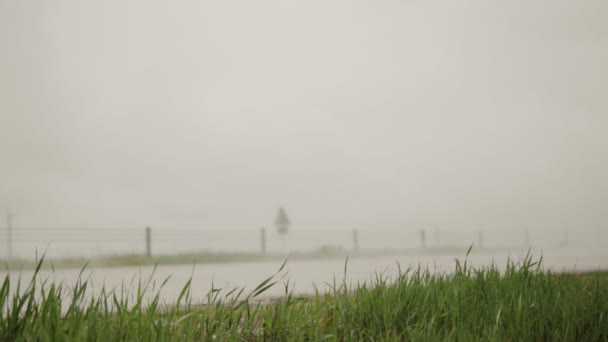 Crossover negro que conduce en la autopista en tiempo lluvioso húmedo y camiones semirremolque. Nubes grises, lluvia. Copiar espacio para texto, cámara lenta — Vídeos de Stock