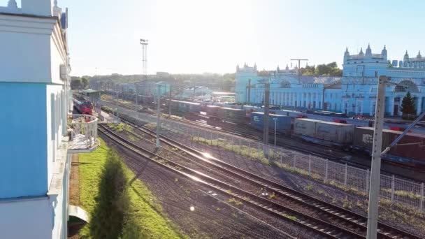 Vasútállomás, kilátás teher- és személyszállító vonatok egy napsütéses nyári napon. Kilátás felülről, másolás helyet szöveg — Stock videók