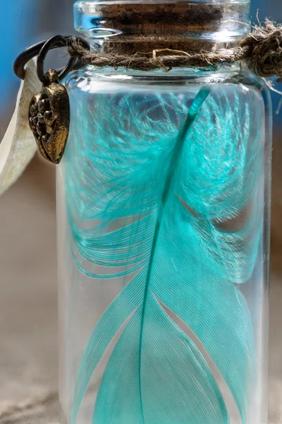 Feather prisoned in bottle — Stock Photo, Image