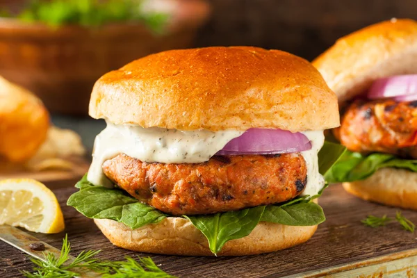 Homemade Salmon Burger with Tartar Sauce — Stock Photo, Image