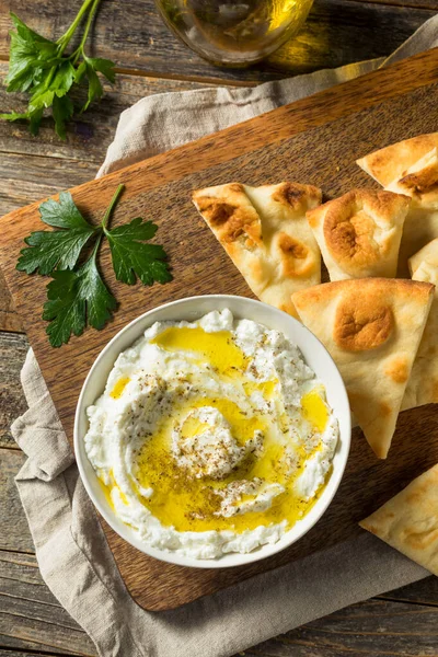 Homemade Yogurt Labneh Cheese Dip Olive Oil Pita — Stock Photo, Image
