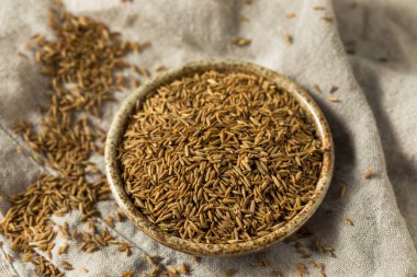 Kase içinde çiğ kahverengi organik kimyon tohumu