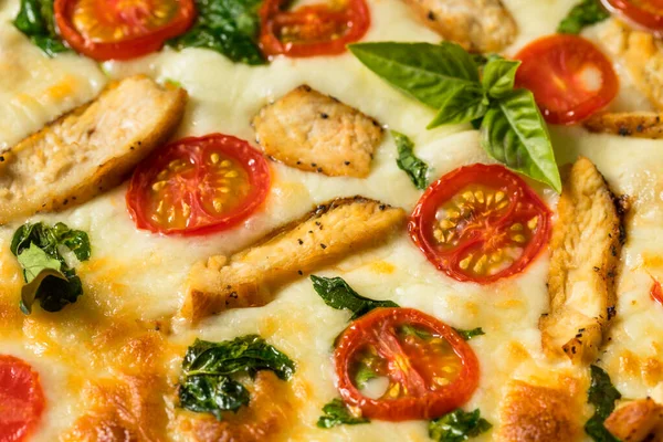 Domácí Kuřecí Alfredo Pizza Rajčaty Bazalkou — Stock fotografie