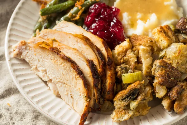 Homemade Thanksgiving Turkey Plate Cranberry Stuffing Potatoes Beans — Stock Photo, Image