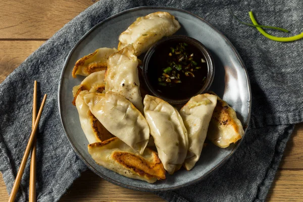 Hausgemachte Gyzo Asian Pork Potsticker Mit Sojasauce — Stockfoto