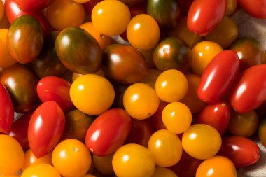 Çiğ organik aile yadigarı kiraz domatesleri kasede