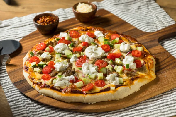 Homemade Greek Gyro Pizza Tzatziki Sauce — Stock Photo, Image