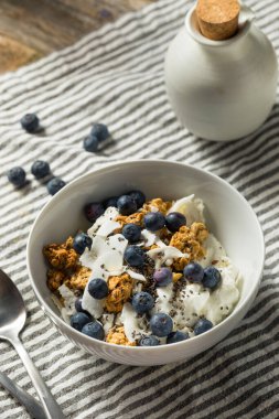 Sağlıklı ev yapımı Ricotta peynirli yoğurt kasesi. Meyve ve ve tahıllı.