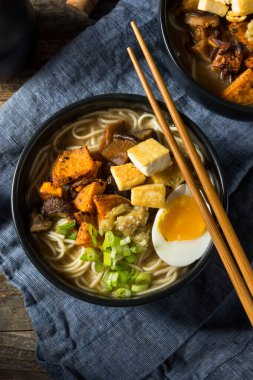 Tofu ve yumurtalı ev yapımı sağlıklı vejetaryen Ramen.
