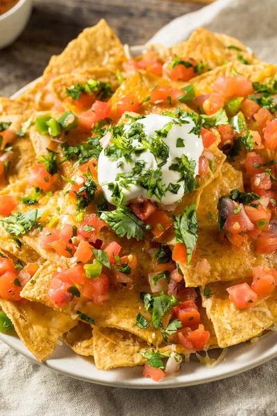 Homemade Cheesy Mexican Nachos Salsa Cilantro — Stock Photo, Image