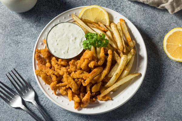 Zelfgemaakte Gebakken Mosselrepen Met Friet Tartaarsaus — Stockfoto