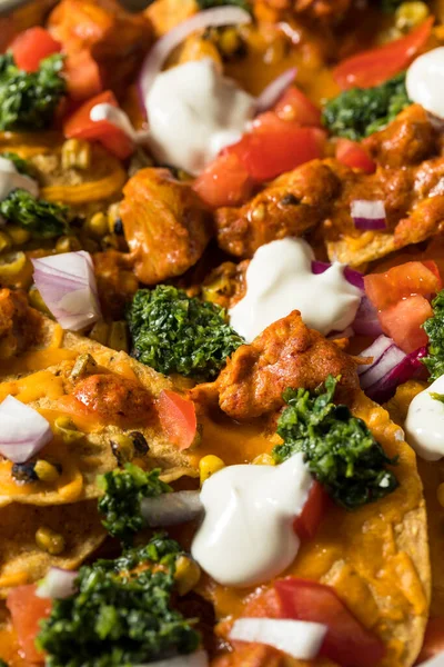 Homemade Indian Chicken Tikka Masala Nachos Chutney Corn — Stock Photo, Image