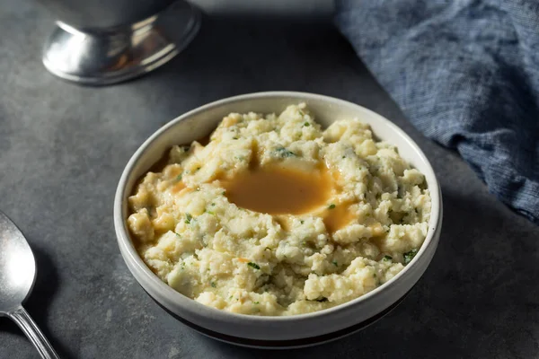 Egészséges Házi Krémes Krumplipüré Gravy Val Vajjal — Stock Fotó