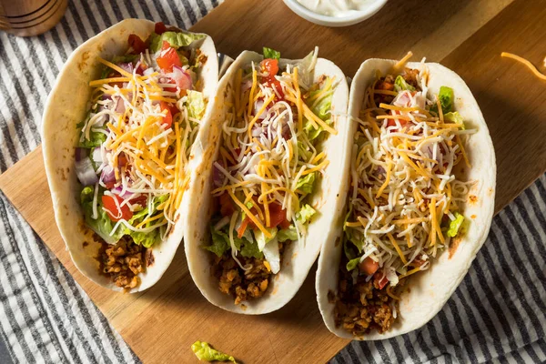 Homemade American Soft Shell Beef Tacos Lettuce Tomato Cheese — Stock Photo, Image