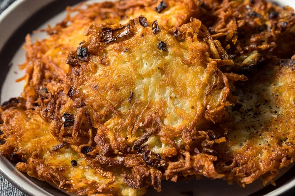 Homemade Salty Potato Pancake Latkes Sour Cream Apple Sauce — Stock Photo, Image