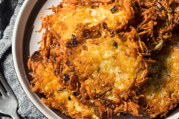 Homemade Salty Potato Pancake Latkes Sour Cream Apple Sauce — Stock Photo, Image