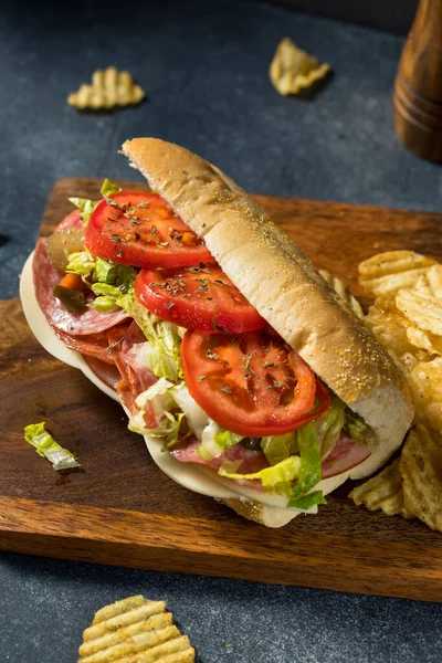 Σπιτικό Ιταλικό Sub Sandwich Σάλτσα Σαλαμιού Και Ντομάτα — Φωτογραφία Αρχείου