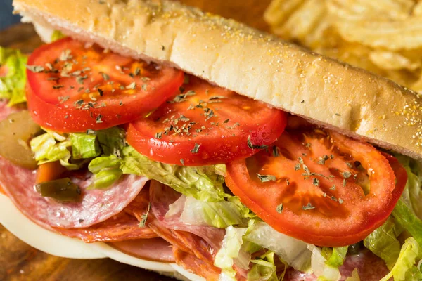 Σπιτικό Ιταλικό Sub Sandwich Σάλτσα Σαλαμιού Και Ντομάτα — Φωτογραφία Αρχείου