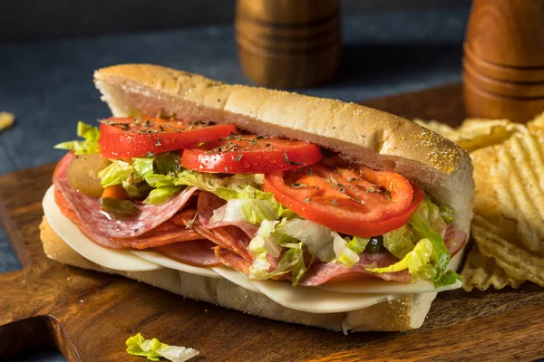 Homemade Cold Cut Italian Sub Sandwich Salami Lettuce Tomato — Stock Photo, Image