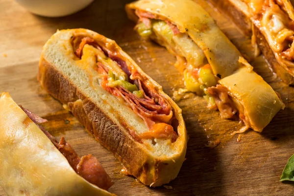 Homemade Italian Stromboli Pepperoni Cheese Peppers — Stock Photo, Image