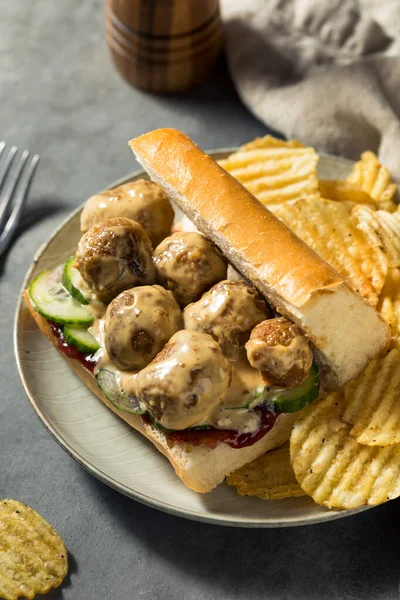 Homemade Swedish Meatball Sub Sandwich with Cucumber and Lingonberry Jam