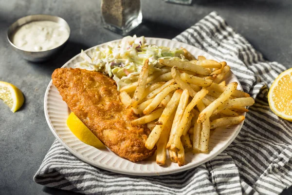 Homemade Fried Fish Dinner Coleslaw French Fries — Stock Photo, Image