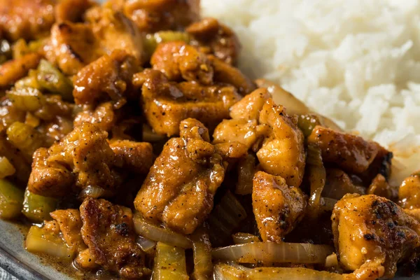 Homemade Asian Black Pepper Chicken White Rice — Stock Photo, Image