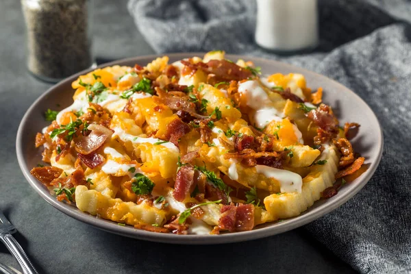 Homemade Bacon Cheddar Ranch Loaded French Fries Ready Eat — Stock Photo, Image