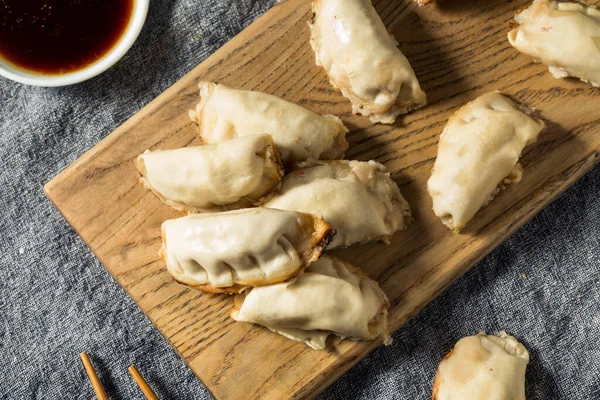 Caseiro Saudável Asiático Potstickers Com Molho Mergulho — Fotografia de Stock