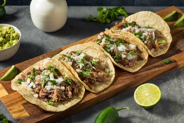 Homemade Pork Carnitas Tacos Cilantro Onion — Stock Photo, Image