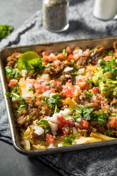 Gesunde Hausgemachte Carnitas French Fry Nachos Mit Pico Und Guacamole — Stockfoto