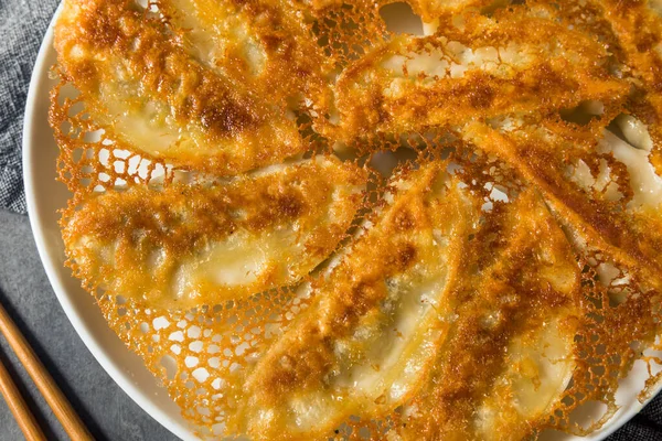 Zelfgemaakte Fried Lace Dumpling Potstickers Met Soja Dipsaus — Stockfoto