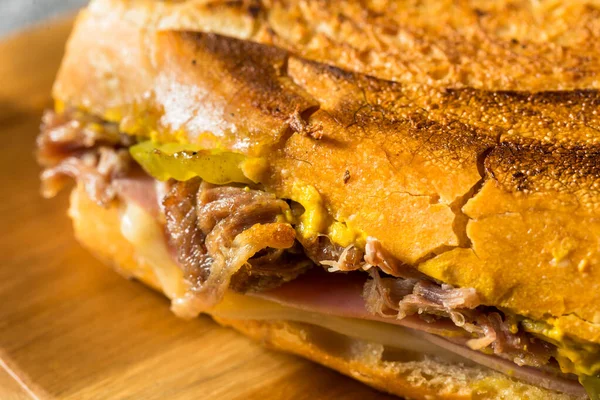 Hearty Homemade Cubano Pork Sandwich Ham Cheese Mustard — стокове фото