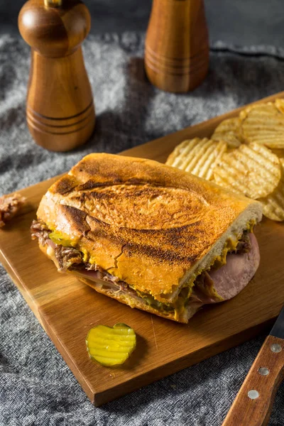 Hearty Homemade Cubano Pork Sandwich Ham Cheese Mustard — Stok Foto