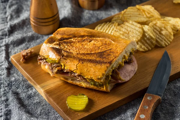 Hearty Homemade Cubano Pork Sandwich Ham Cheese Mustard — Stock Photo, Image