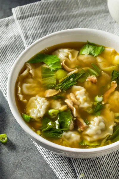 Fatto Casa Asiatico Pollo Wonton Zuppa Con Bok Choy — Foto Stock