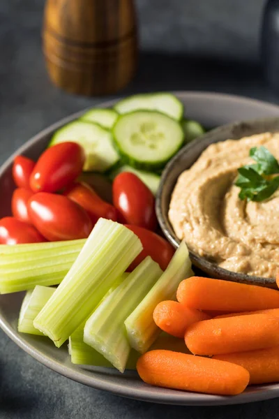 Placa Hummus Vegetal Casero Saludable Con Tomate Zanahoria Apio — Foto de Stock