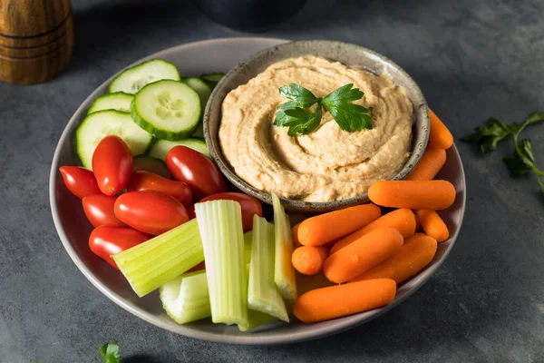 Healthy Homemade Veggie Hummus Plate with Carrot Tomato and Celery