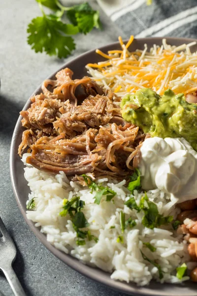 Saudável Caseiro Mexicano Carnitas Burrito Bowl Cilantro Guacamole — Fotografia de Stock