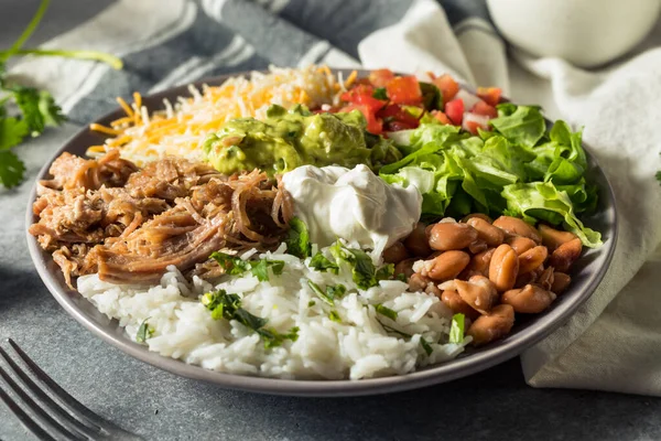 Saudável Caseiro Mexicano Carnitas Burrito Bowl Cilantro Guacamole — Fotografia de Stock