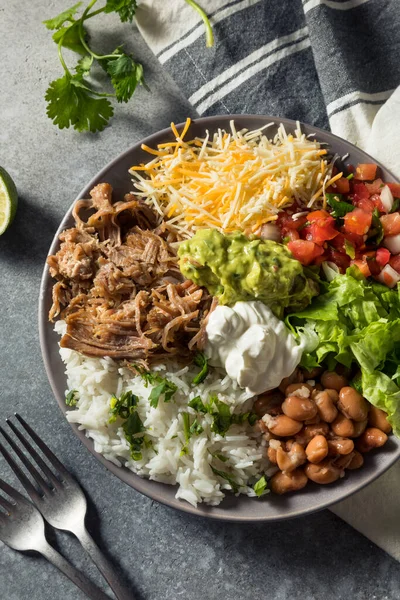 Healthy Homemade Mexican Carnitas Burrito Bowl Cilantro Guacamole — Stock Photo, Image