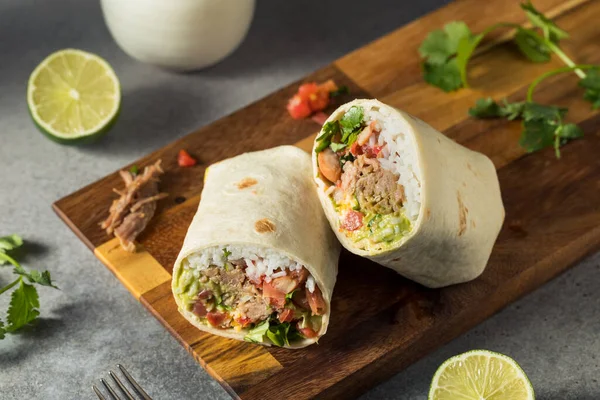 Egészséges Házi Carnitas Pork Burrito Rizzsel Cilantro Guacamole — Stock Fotó