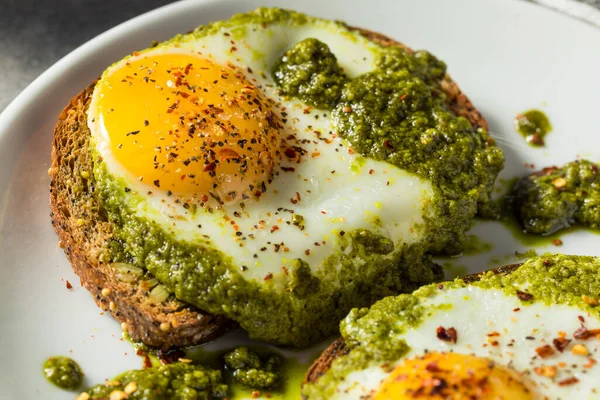 Torrada Ovo Pesto Orgânico Saudável Para Café Manhã Com Pimenta — Fotografia de Stock