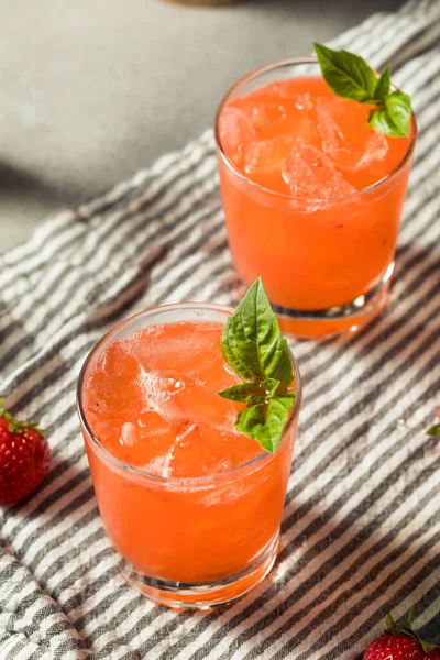 Boozy Refreshing Strawberry Basil Smash Cocktail Gin — Stock Photo, Image
