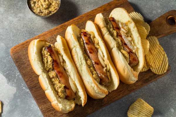 Homemade German Bratwurst Sandwich Mustard Onion — Stock Photo, Image