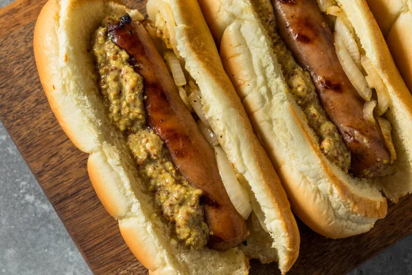 Homemade German Bratwurst Sandwich Mustard Onion — стокове фото