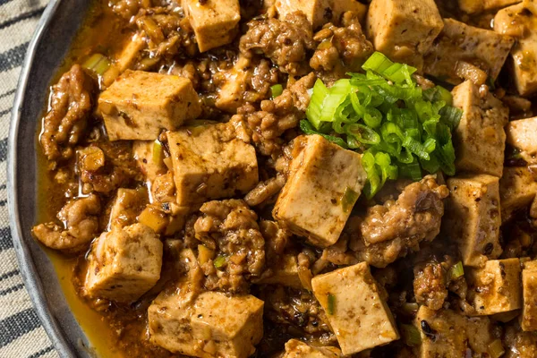 Tofu Mapo Chinês Caseiro Com Carne Porco Cebolinha — Fotografia de Stock