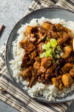 Ev yapımı Tayvan usulü pilav ve yumurtalı domuz eti.