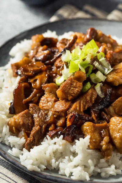 自家製台湾風豚バラ肉ご飯と卵 — ストック写真